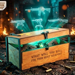 May include: A wooden chest with a hinged lid featuring a yellow question mark and the text "WHAT WILL YOU ROLL FOR YOUR NEXT WEAPON?" engraved on the front. Above the chest, four glowing cyan holographic weapon models are displayed.