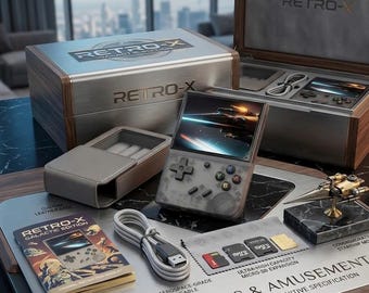Consola portátil Retro-X Galactic Edition: diseño de caja personalizado, paquete de juegos retro seleccionado.