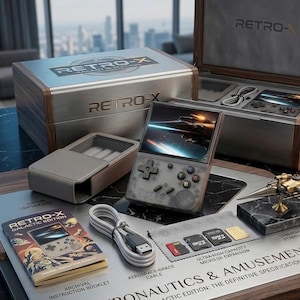 May include: A Retro-X Galactic Edition handheld gaming console set. The set includes a wooden box with a metal top, a handheld console, a custom leather case, an instruction booklet, and a commemorative starship model.