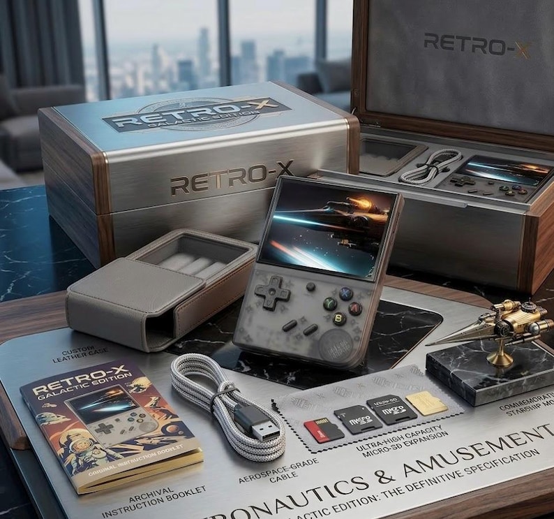 May include: A Retro-X Galactic Edition handheld gaming console set. The set includes a wooden box with a metal top, a handheld console, a custom leather case, an instruction booklet, and a commemorative starship model.