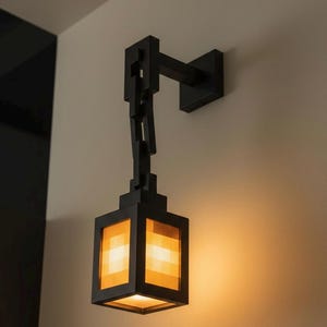 May include: A black, geometric wall sconce with a square light fixture. The light fixture has a grid pattern and emits a warm, orange glow. The sconce is mounted on a wall and has a chain-like design.