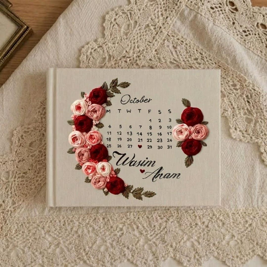 Personalized Embroidered Wedding Date Guest Book, Floral Calendar Linen ...