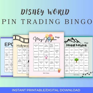 May include: A set of four Disney World Pin Trading Bingo cards with different park themes: Epcot, Hollywood, Magic Kingdom, and Animal Kingdom. The cards are in pastel colors with themed graphics and text. The words "Disney World Pin Trading Bingo" are at the top.