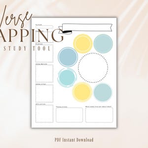 Puede incluir: Una herramienta imprimible de estudio bíblico blanca con las palabras "Verse Mapping" y "Bibe Study Tool" en marrón. La página tiene áreas para notas, círculos en amarillo y azul, y el texto "PDF Instant Download".