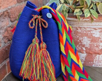 Handwoven Cobalt Blue & Red Crochet Bucket Bag | Multicolor Braided Strap