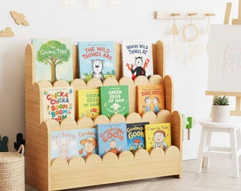 Montessori Bookshelf for Toddlers, 3-Tier Scalloped Wooden Kids Bookcase for Nursery, Playroom Furniture,