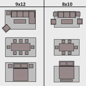 May include: Diagram showing furniture layout options for 9x12 and 8x10 foot rooms. Includes arrangements for living rooms with sofas and coffee tables, dining rooms with tables and chairs, and bedrooms with beds and nightstands.