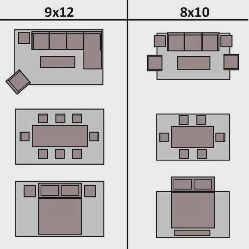 May include: Diagram showing furniture layout options for 9x12 and 8x10 foot rooms. Includes arrangements for living rooms with sofas and coffee tables, dining rooms with tables and chairs, and bedrooms with beds and nightstands.