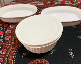 Vintage CorningWare French White 3-Piece Casserole Set Oval & Round Bakers with Lid Ribbed Stoneware USA