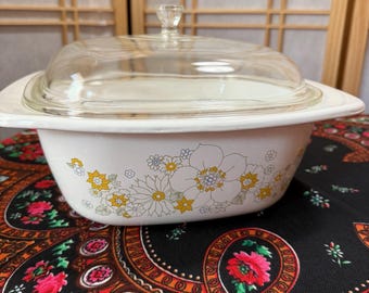 Vintage CorningWare 5 pte, motif fleurs sauvages avec couvercle, support