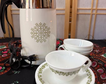 Vintage Corning Ware Percolator, Corelle Spring Blossom Cups & Saucers Set