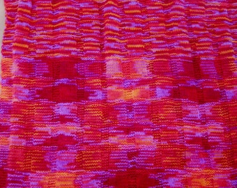 Hand Knit Baby Blanket | Pink Purple Red Orange Patchwork Throw