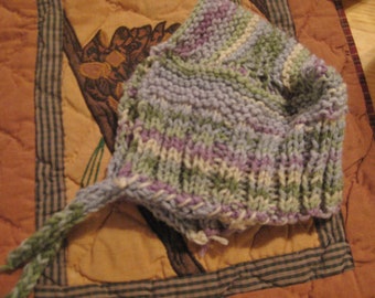 Hand Knit Pastel Baby Bonnet | Pixie Hat with Braided Ties