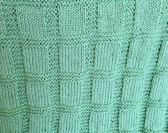 Hand Knit Baby Blanket | Soft Green Checkered Throw | Cozy Stroller Nursery Comfort