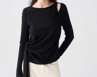Asymmetric Cut Out Top – Minimalist Long Sleeve Blouse