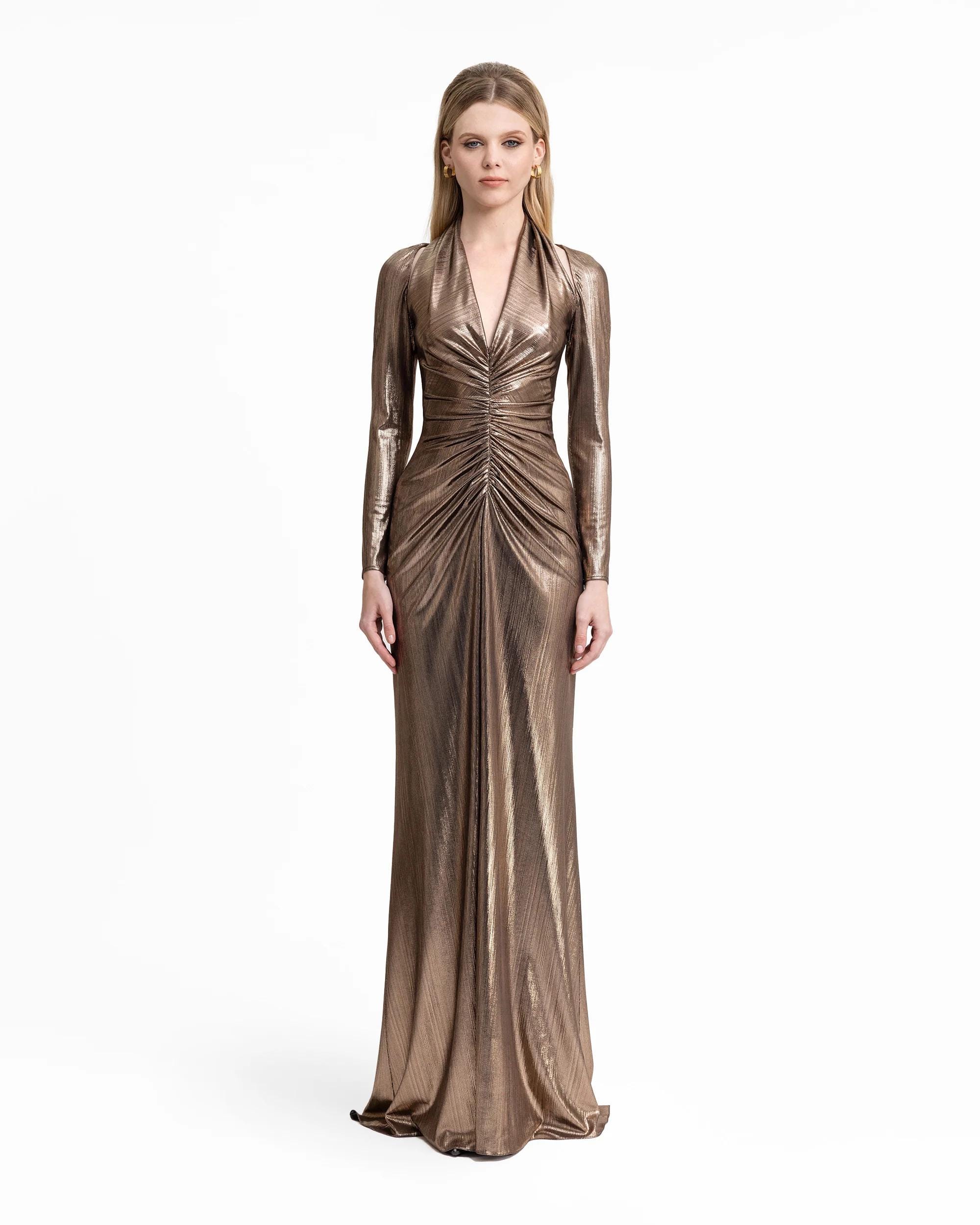 chinese dress ladies Gold Shimmery Long Sleeve Front Twist Cocktail Dress – The Teal Eagle  Boutique main image 0