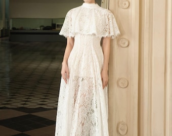 White Lace Maxi Dress High Neck Elegant Style