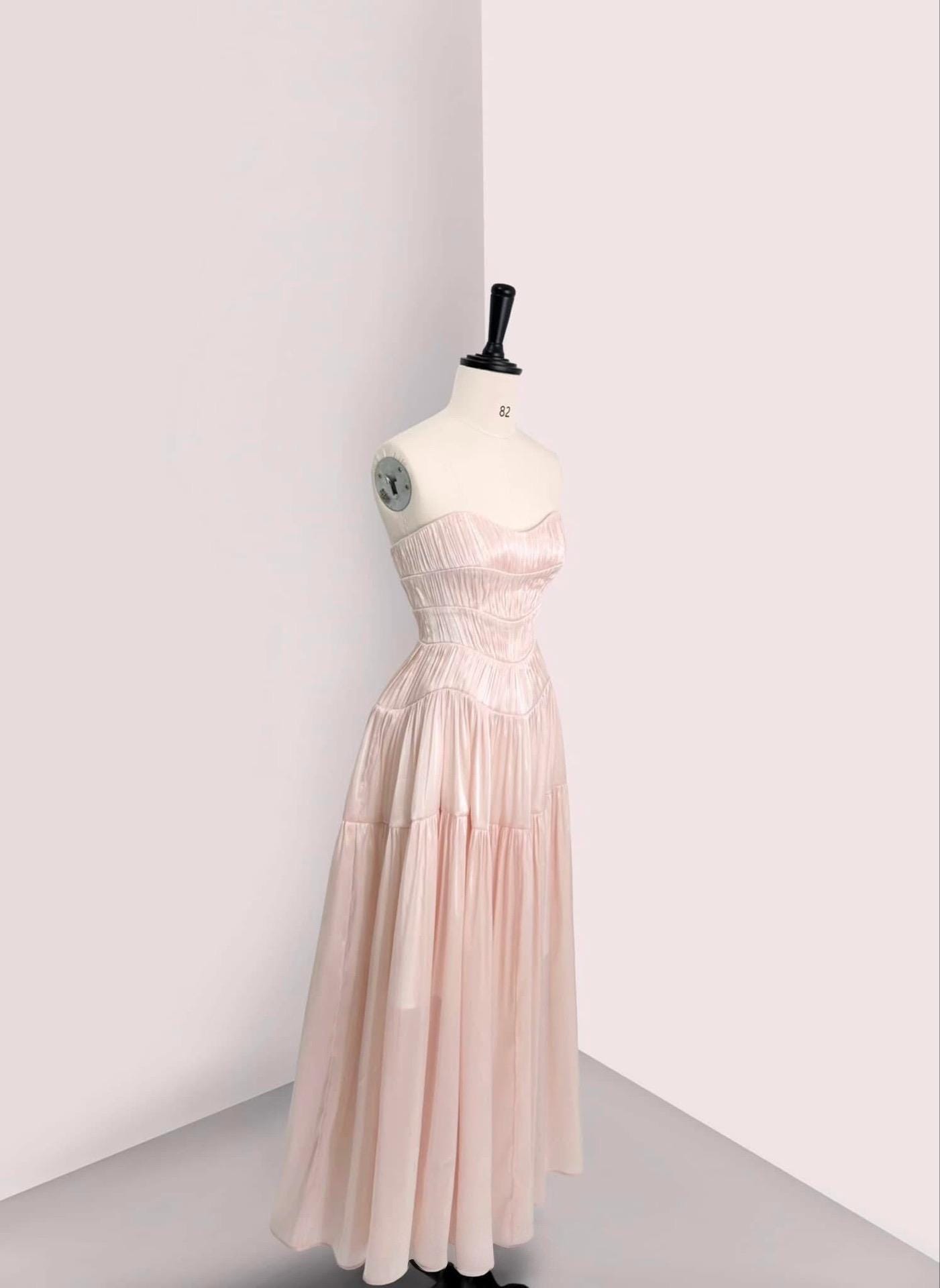 Blush Pink Strapless Pleated Maxi Dress