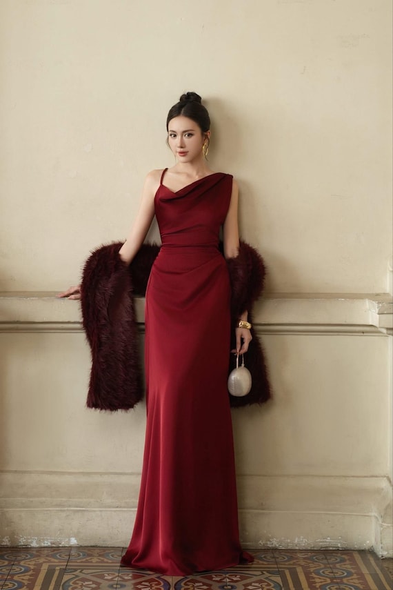 burgundy satin one shoulder dress Burgundy One Shoulder Formal Dress Elegant One Shoulder Stretch Satin Sleeveless Sheath/Column Formal Dresses