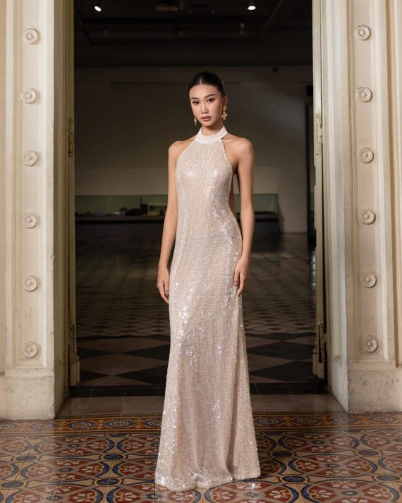 champagne glitter maxi dress Nerina Sequin Maxi Dress