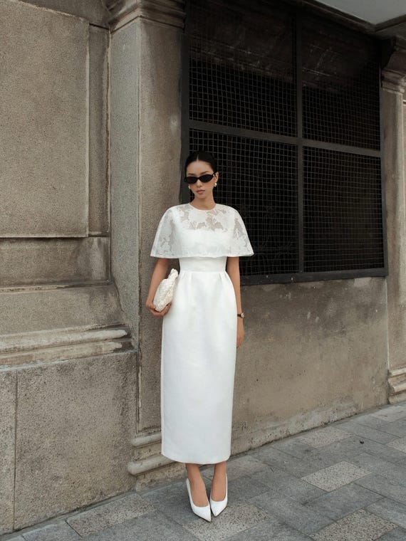 white dress grey heels Elegant Cape Dress, Lace Overlay Midi what shoes to wear with white dress