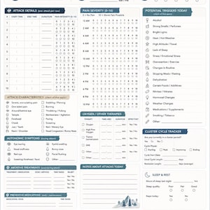 Op de afbeelding: Een wit papieren Clusterhoofdpijn-trackerformulier met blauwe bergafbeeldingen. Het bevat secties voor aanvalsdetails, pijnintensiteit, mogelijke triggers, autonome symptomen, zuurstoftherapieën, behandelingen en dagelijkse notities.