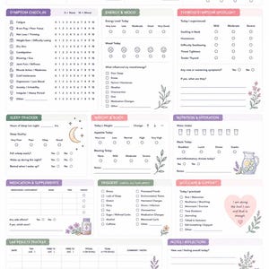 May include: A Hashimoto's tracker printable planner page featuring sections for symptom check-ins, energy, mood, sleep, weight, nutrition, medication, and lab results. The layout includes checkboxes, rating scales, and floral illustrations.