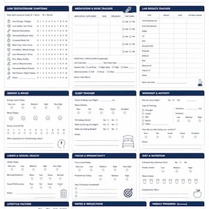 May include: A Low Testosterone Symptom Tracker document featuring sections for daily energy, medication, lab results, sleep, workout, libido, diet, and lifestyle factors. The layout includes checkboxes, rating scales, and text fields for tracking health metrics.