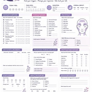 Könnte beinhalten: Ein Migräne-Tracker mit Abschnitten für Symptome, Auslöser und Schmerzdetails. Das lila-weiße Design bietet Platz zur Aufzeichnung von Medikamenten, Lebensstilfaktoren und Notizen. Der Text lautet: "Verfolgen Sie Ihre Auslöser. Verwalten Sie Ihre Migräne."