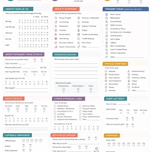 May include: An Anxiety Tracker printable planner page featuring sections for daily anxiety levels, symptoms, triggers, mood, coping strategies, sleep, and hydration. The layout includes checkboxes, rating scales, and floral illustrations.