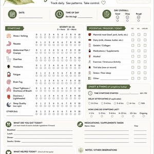 May include: A printable Alpha Gal Syndrome symptom tracker with a nature-themed design. The tracker includes sections for symptoms, severity, potential triggers, and notes. It features a bug illustration and the text "Track daily. See patterns. Take control."
