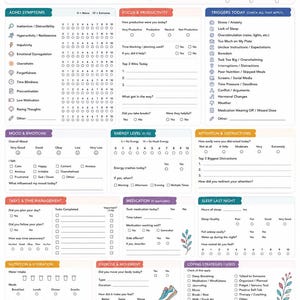 May include: An ADHD tracker printable planner page featuring sections for symptoms, focus, productivity, mood, energy, medication, sleep, and nutrition. The layout includes checkboxes, rating scales, and prompts for daily reflections with floral accents.