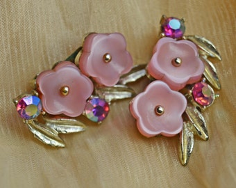 Coro Vintage earrings Pink Flowers Aurora Borealis Stones Early