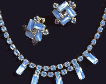 Aquamarine Blue Rhinestone Necklace and Earrings Vintage 1950s