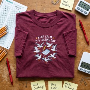 May include: A burgundy t-shirt featuring the phrase "KEEP CALM, IT'S TESTING DAY" with a graphic of seagulls, a pencil, and a calculator. The image includes pens, pencils, sticky notes, and a timer. The sticky notes say "Read Carefully!", "Stay Calm!", and "Math Section 2".