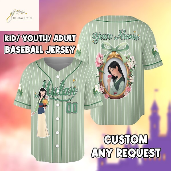 Mulan Custom Name & Number Baseball Jersey, Personalized Princess Shirt Kids Youth Adults, Floral Design Gift