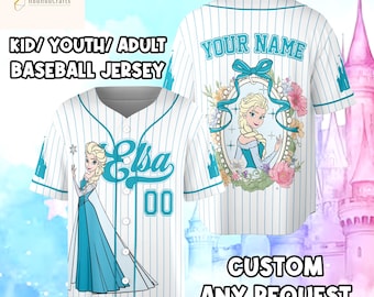 Elsa Frozen Custom Name & Number Baseball Jersey, Personalized Ice Princess Shirt for Kids Youth Adults Gift