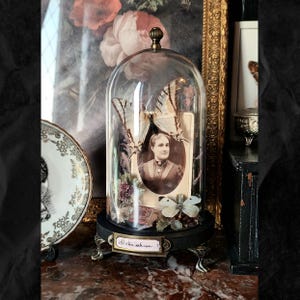 Peut inclure: Une cloche en verre sur un socle circulaire noir avec des pieds argentés ornés. À l'intérieur, un portrait ovale sépia d'une personne est exposé avec un grand spécimen de papillon, un petit papillon blanc et un petit livre. Une plaque en laiton porte l'inscription Ad vitam aeternam.