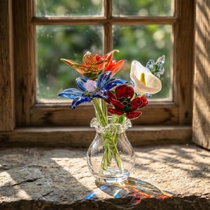 May include: A clear glass vase with a ruffled rim holds a colourful glass flower arrangement. The flowers include red, blue, orange, and white blooms. The vase sits on a stone surface near a wooden window.