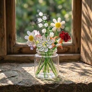 Puede incluir: Un jarrón de vidrio transparente lleno de un colorido arreglo de flores de vidrio. Las flores incluyen margaritas blancas con centros amarillos, rosas rojas y lirios naranjas. El jarrón está sobre una superficie de piedra cerca de una ventana de madera.