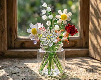 Handgefertigte Glas Geburtsmonat Blume, Familie Geburtsblumenstrauß, Geburtsblumengeschenk, Glasblumenstrauß, Geschenk für sie, Mini Glasblume