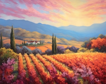 Napa Valley Autumn Vineyard Art Print, Pastel Landscape Giclee