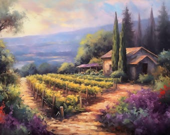 Napa Valley Vineyard Wall Art, Sunset Landscape Print, Wine Country Decor, Pastel Style Vineyard Art, California Wall Art, Fine Art Giclee