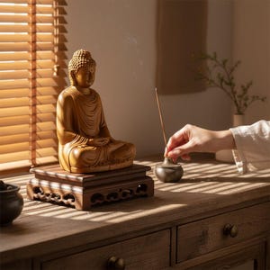 Wooden Buddha Statue — Scented Cypress, Hand Carved Sakyamuni, Solid Wood