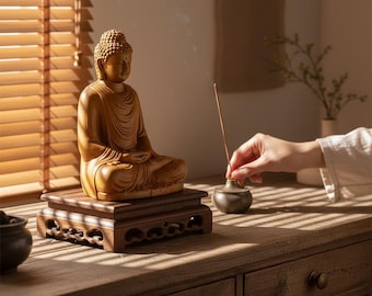 Scented Cypress Buddha Statue, Create Your Home Sanctuary - Hand Carved Sakyamuni for Inner Peace, Natural Wood Art for Meditation Decor