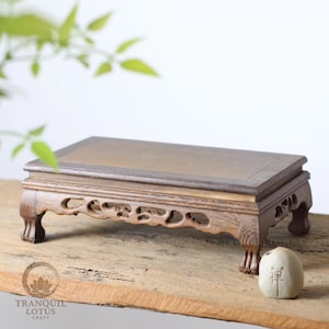 Rectangle dark Sindora wood display stand, 11.8 inches, carved oriental base for large Buddha statues, Bonsai, or tea sets.