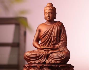 Lotus Wood Altar Stand, Hand Carved Padauk Buddha Throne - Spiritual Housewarming Gift