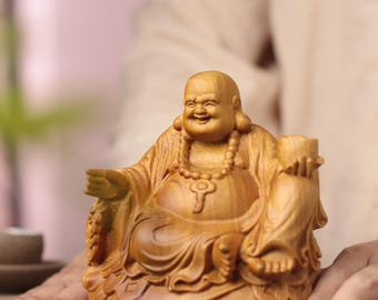 Wooden Laughing Buddha Statue — Scented Green Cypress Desk Companion Gift