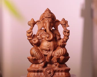 Hand Carved Vamamukhi Ganesha Statue, Solid Padauk Wood Decor
