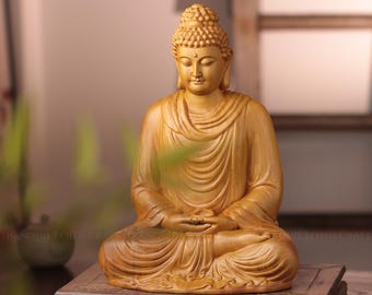 Scented Cypress Buddha Statue for Meditation, Hand Carved Sakyamuni Home Sanctuary